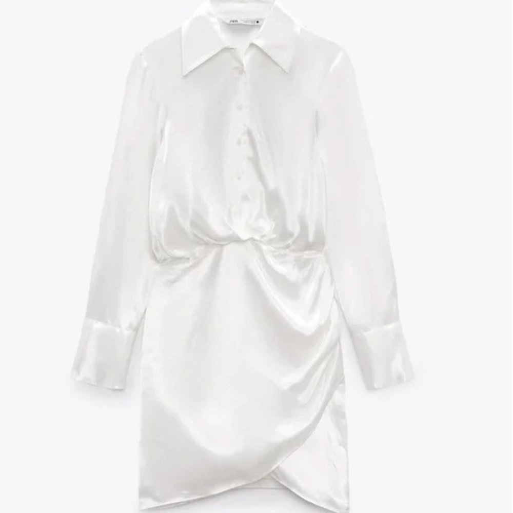 ZARA White Satin Collared Button Up Faux Wrap Dress Size M